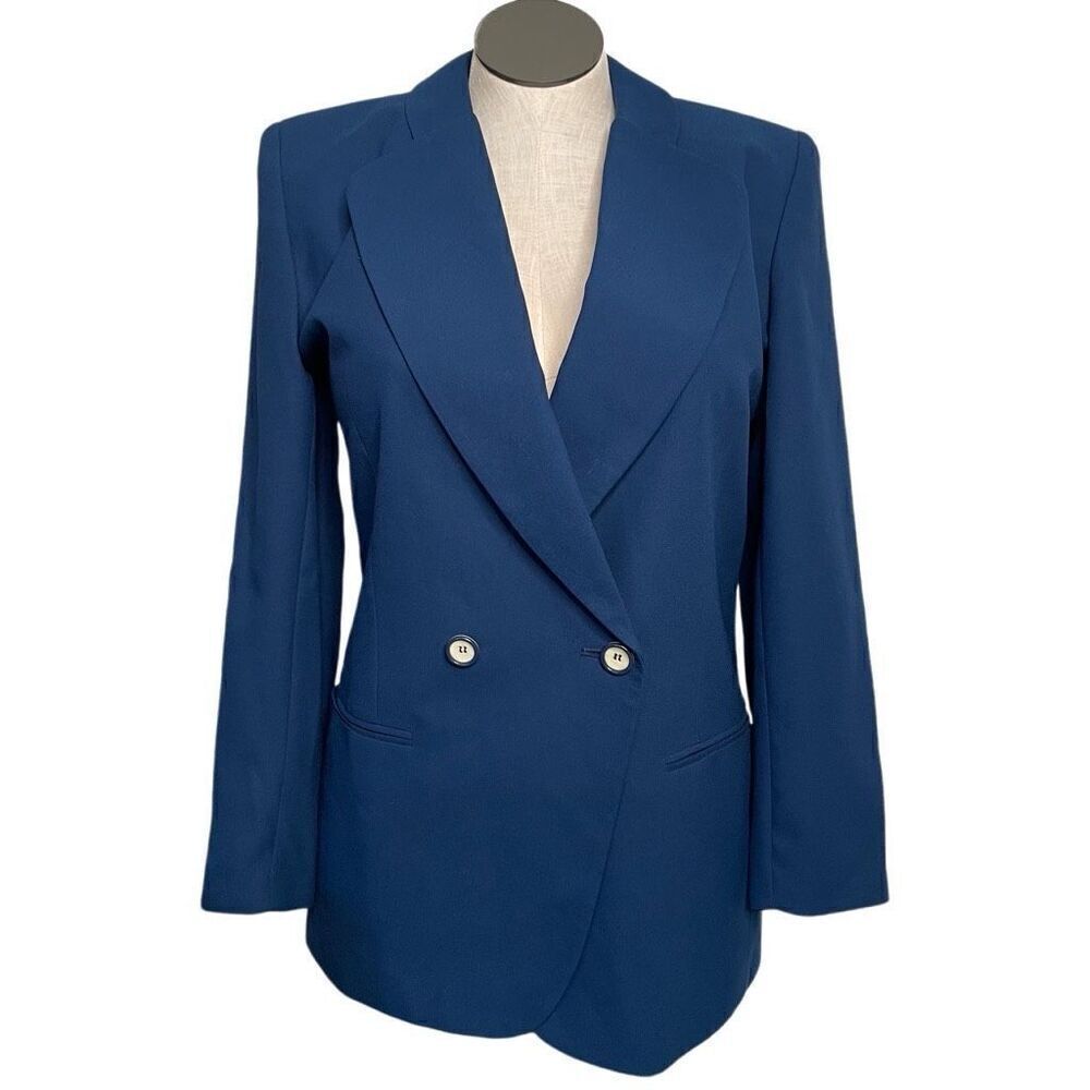 Vtg Adolfo Atelier Womens Double Breasted Blazer 8 Blue Lined Shoulder Pads